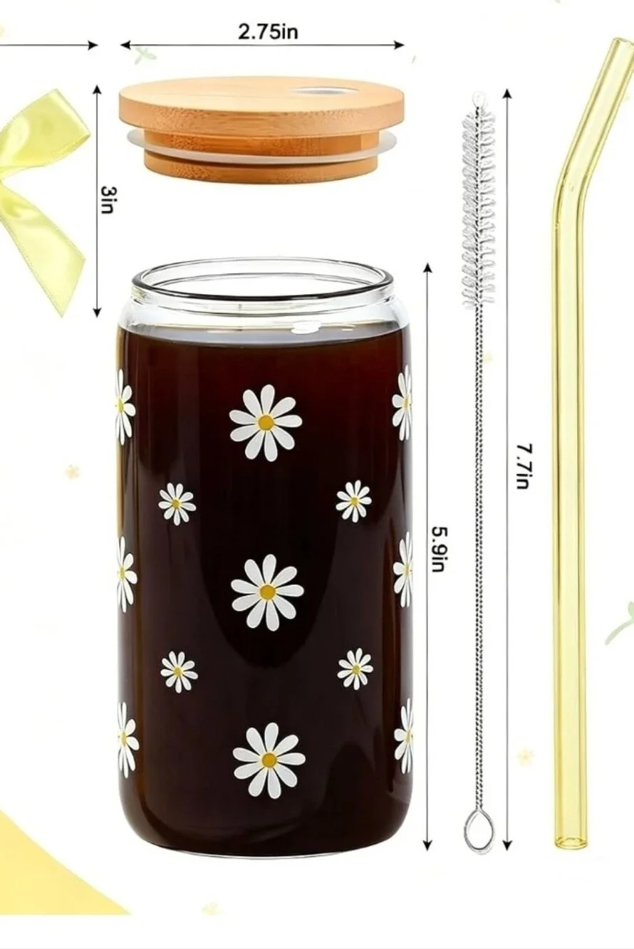Glass Cups with Lid Straw, Daisy Coffee Cup Yellow Aesthetic Mug